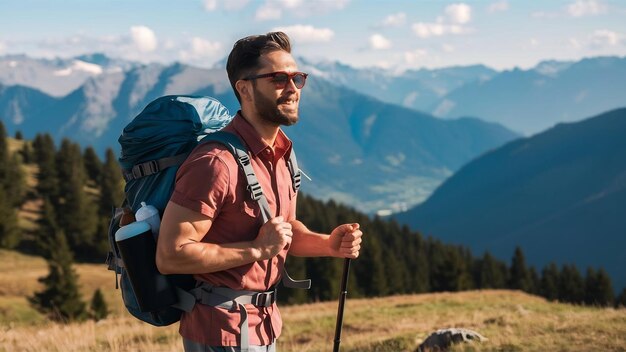 Male traveler hiking on mountains while having his essentials in a backpack