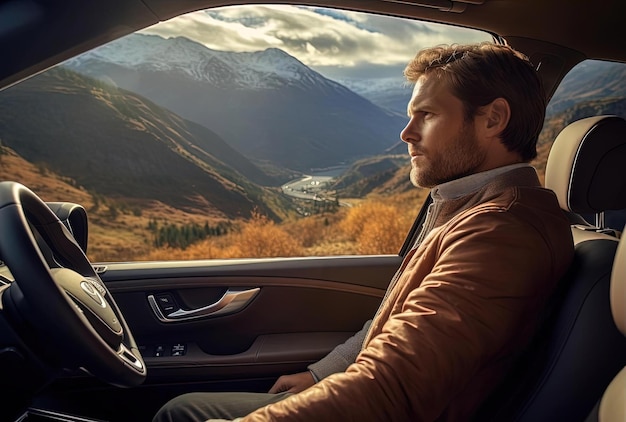 a male traveler is out of his car into a picturesque mountain valley with mountains