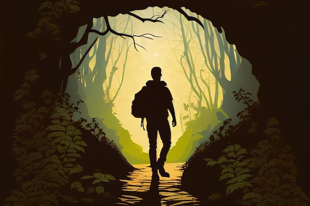 Male traveler in the jungle travel background minimalism Generative AI