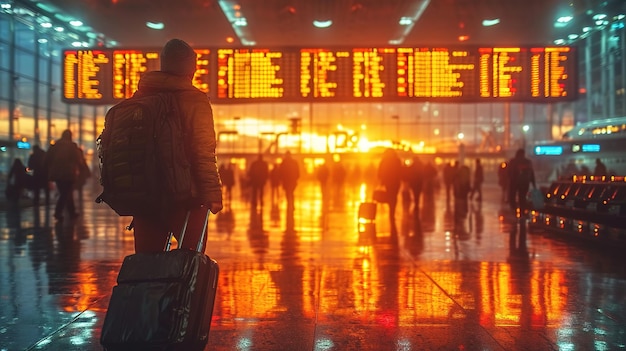 男性旅行者が空港の出発と到着の情報ボードを見ています