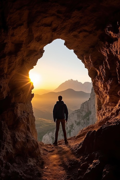 Foto viaggiatore maschio in piedi in una grotta con vista sulle montagne rocciose all'alba