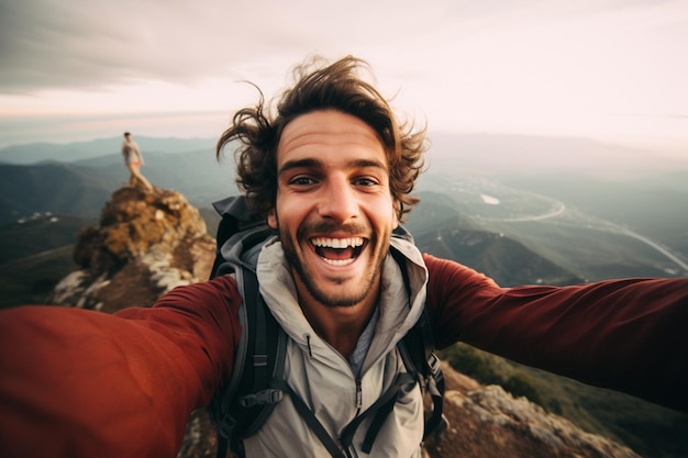 Photo a male traveler standing on the cliff and looking for the view