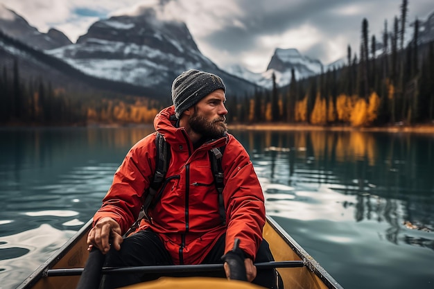 Male traveler in winter coat canoeing in Spirit Island on Maligne Lake at Jasper national park