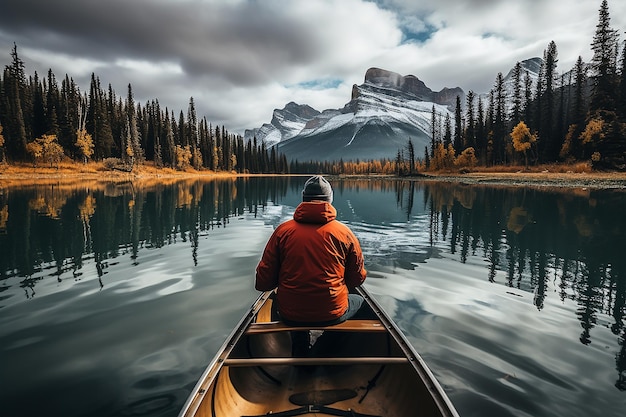 Male traveler in winter coat canoeing in Spirit Island on Maligne Lake at Jasper national park