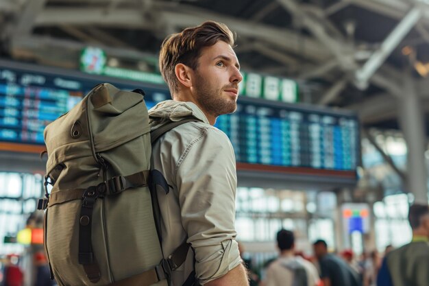 空港でバックパックを背負った男性旅行者