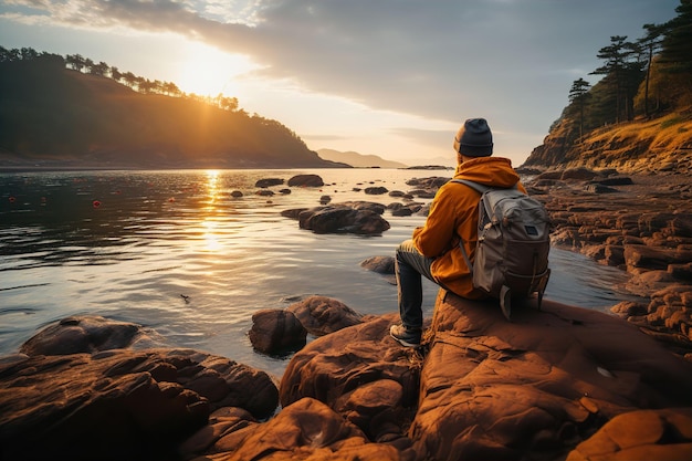 Мужчина-путешественник с рюкзаком сидит на берегу горного озера и наслаждается закатом