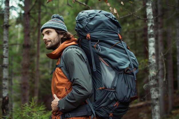 Male traveler with a large tourist backpack in the forest