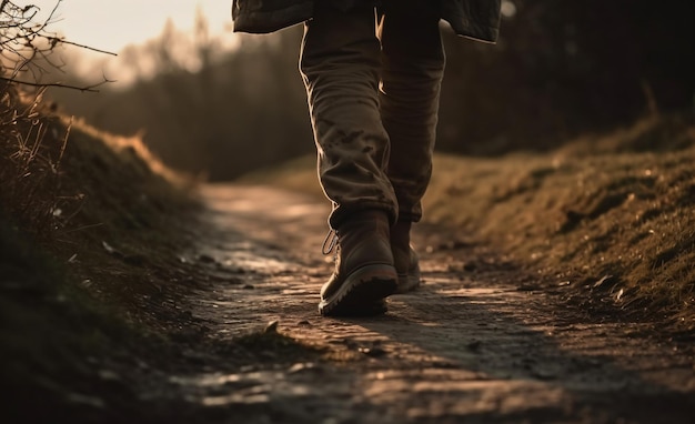 男性旅行者は自然歩道を行く 森と牧草地 ゴールデンアワー 自然の写真 クローズアップ トレッキングブーツ ジェネレーティブ Ai