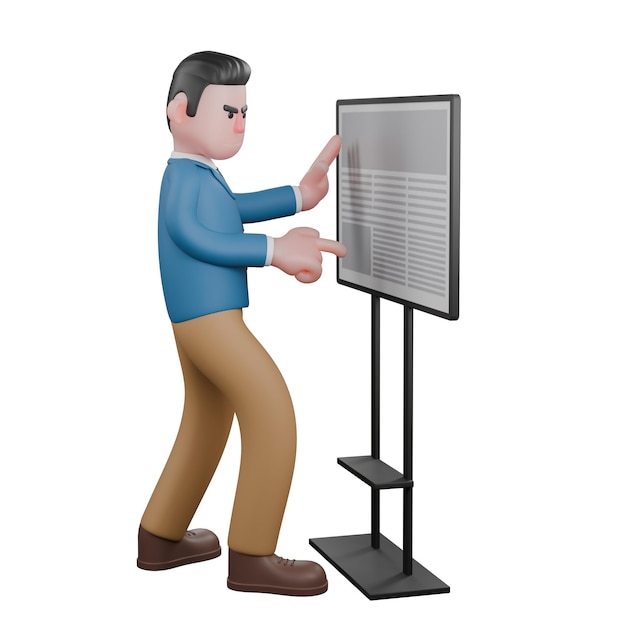 a male tv presenter walks with his right hand pointing and his left hand touching the board
