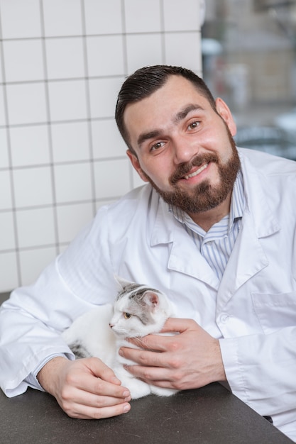 Veterinario maschio con un gatto nella sua clinica