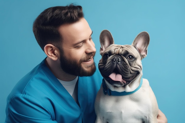青い背景でフランス・ブルドッグ犬を抱く男性医医