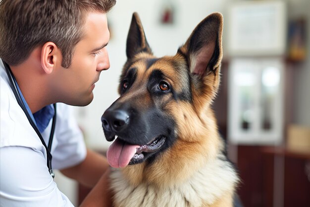 男性の医が彼の診療所でドイツ羊飼い犬を徹底的に検査しています