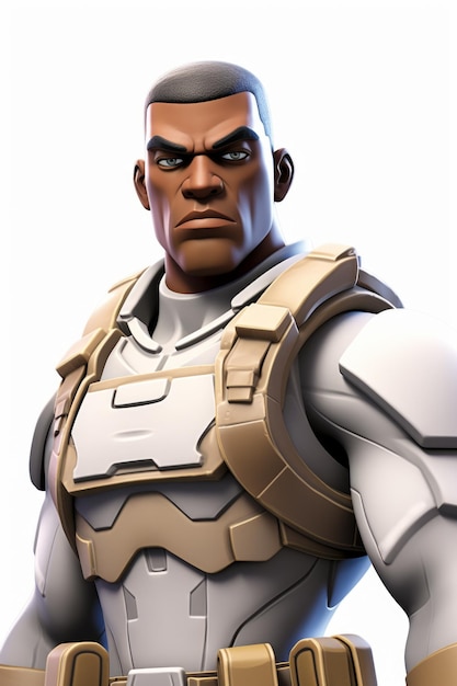 Photo a male video game character with dark brown skin and short black hair he is wearing a white and tan armored suit