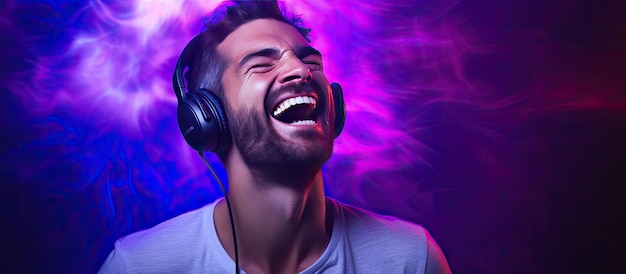 Foto cantante maschio in studio di registrazione che ascolta la musica con la bocca aperta indossando le cuffie ed esibendo gioia e positività in stile hipster su sfondo viola