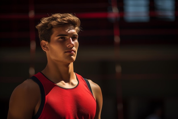 Male volleyball players are competing on the indoor volleyball court in the evening