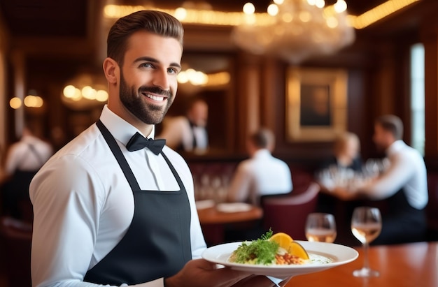 Foto servitore maschio sorridente e in piedi nel ristorante