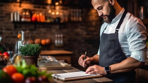 male waiter stands on the background of the restaurant writes down the order in a notebook