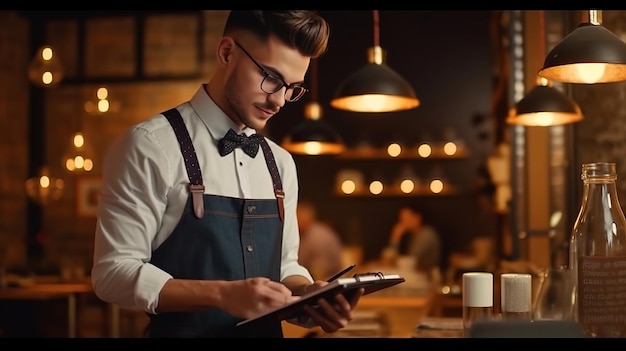 male waiter stands on the background of the restaurant writes down the order in a notebook