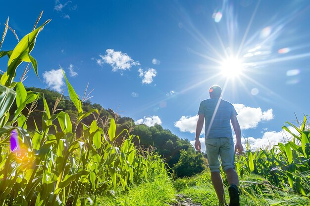 Photo male walking thru a cornfield on a sunny day with blue sky in the background