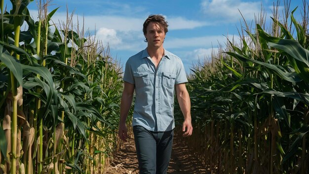 Photo male walking thru a cornfield on a sunny day with blue sky in the background