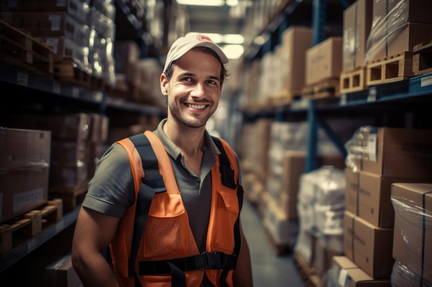 Photo a male warehouse worker in a vest and cap stands against the background of a warehouse with boxes