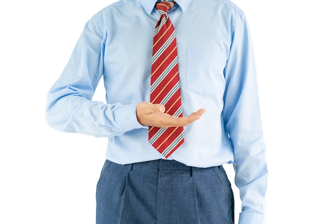 Male wearing blue shirt reaching hand out with clipping path