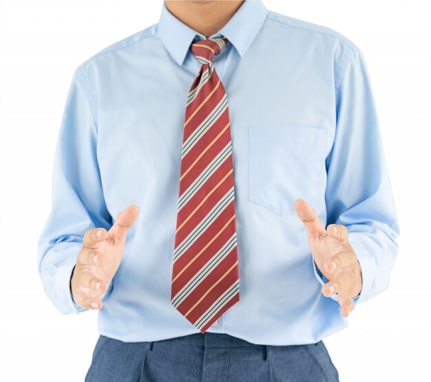 Male wearing blue shirt reaching hand out with clipping path