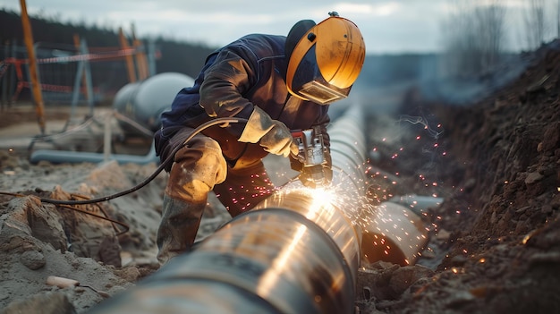 Male welder worker fixing pipelines in industrial construction site