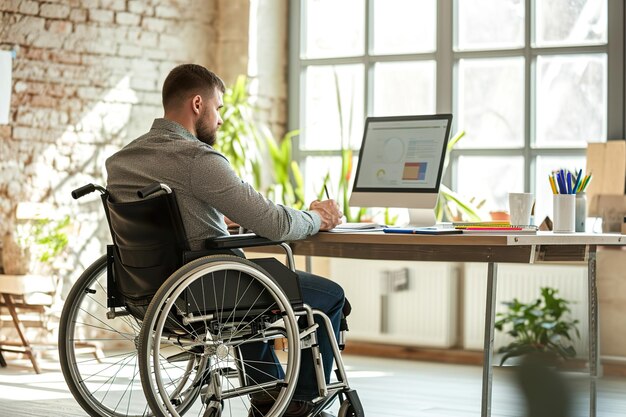 male in wheelchair working at writing desk