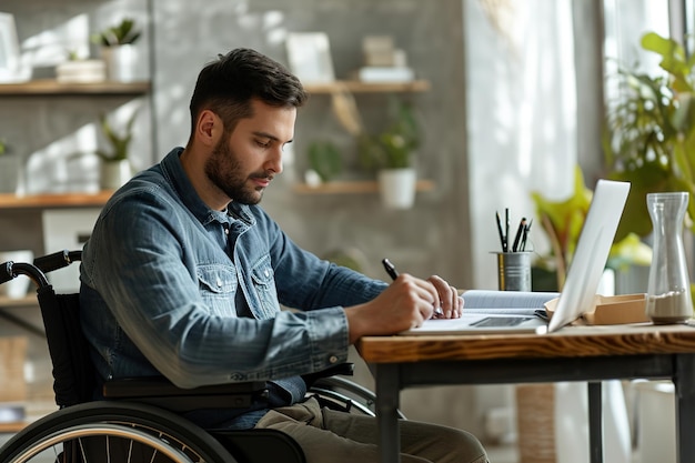 male in wheelchair working at writing desk