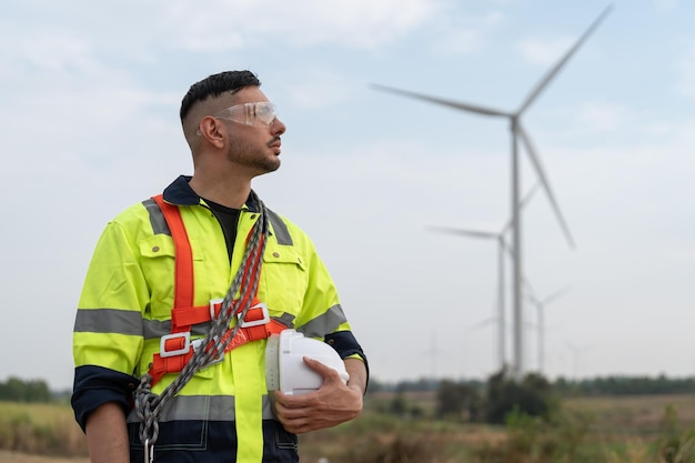 Foto ingegnere maschio di un mulino a vento che indossa un'uniforme per tenere il casco di sicurezza in piedi presso gli impianti di turbine eoliche