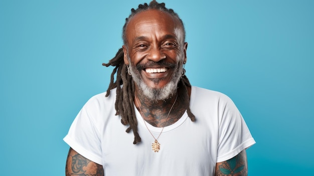 Photo male with beard arms in tattoos dreadlocks wearing white tshirt mockup at blue background men