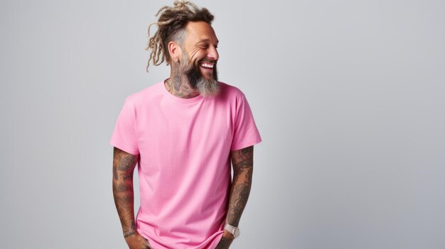 Male with beard arms in tattoos dreadlocks wearing white tshirt mockup Men tshirt mockup