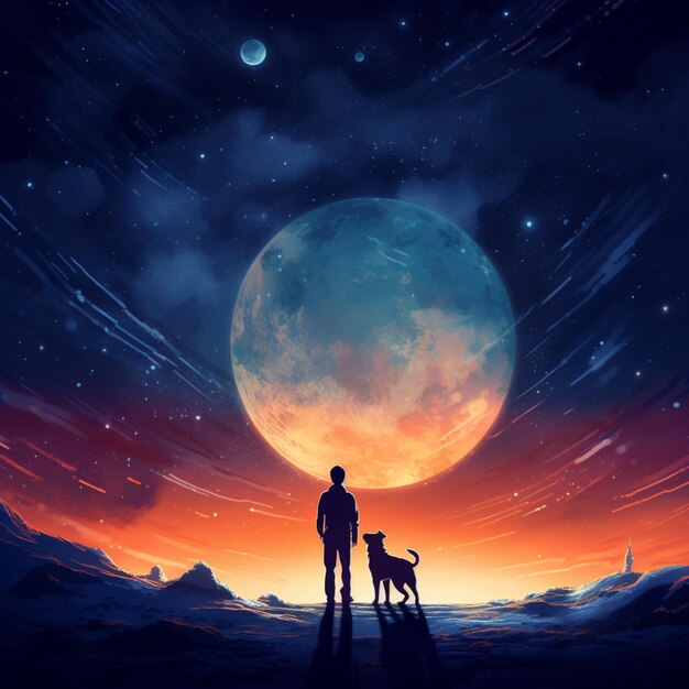 male with dog silhouette view a full moon illustration background