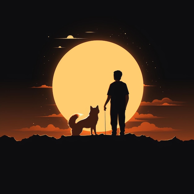 犬のシルエットを持つ男性が満月を見る