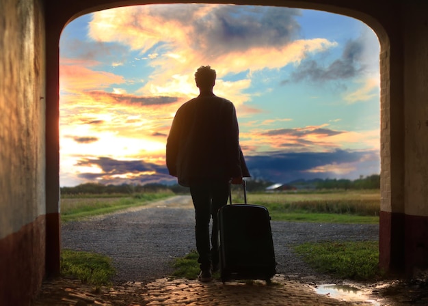 Male with a suitcase from the back looking at the beautiful sunrise with clouds