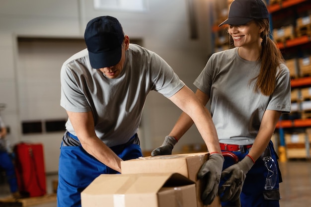 Male worker assisting his female colleague with cardboard boxes while working in a warehouse