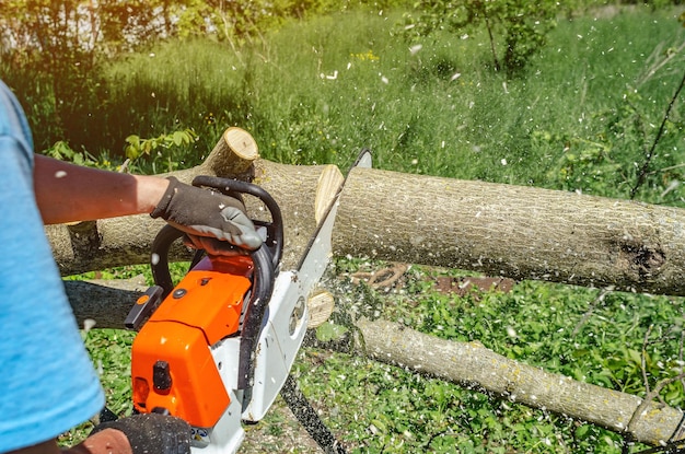 male worker cuts wood with an electric chainsaw