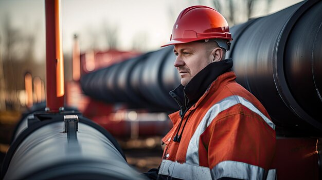 Photo male worker at gas faucet with pipeline system at gas station