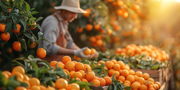 male worker harvests ripe orange tangerines in boxes on a plantation on farm in garden