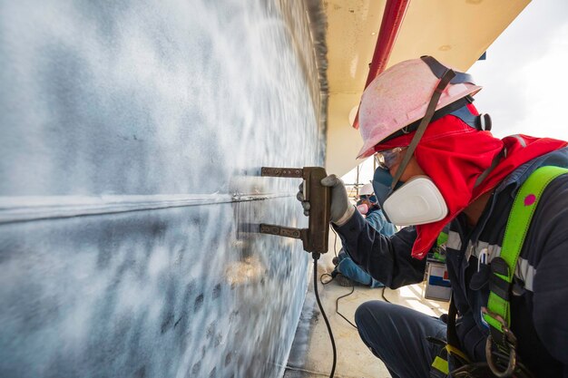 A male worker at high test steel tank butt weld  carbon shell plate of storage tank crude oil background white contrast of magnetic field test