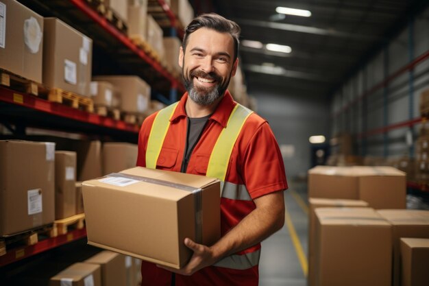 Foto lavoratore di sesso maschile che tiene una scatola di cartone in piedi in un magazzino pieno di merci centro di distribuzione logistica