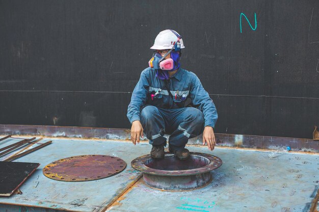 Male worker inside the pontoon tank storage visual inspection tank into the confined space is the blower air