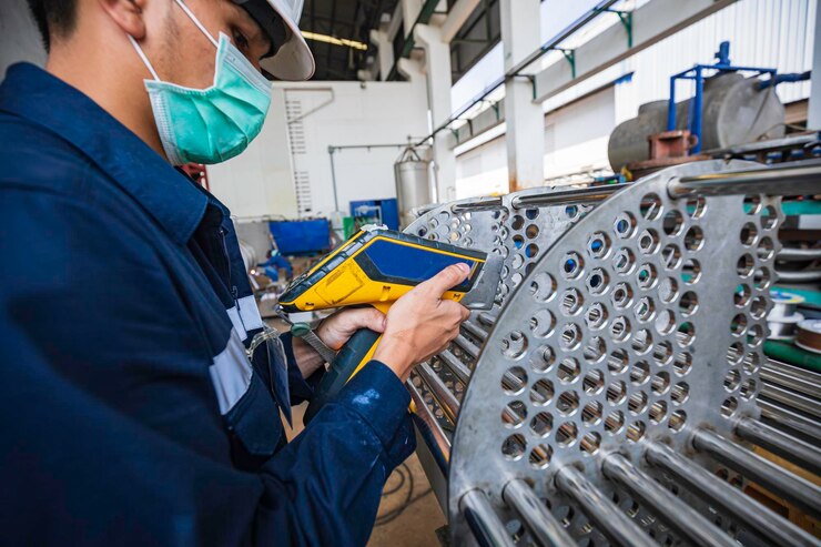 Photo 熱交換器チューブ バンドル産業建設倉庫正の表面を検査する男性労働者