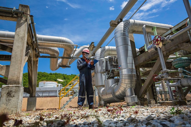 写真 目視検査記録パイプライン石油およびガスの製油所バルブ中のステーション石油工場の鋼製ロングパイプおよびパイプエルボでの男性労働者の検査