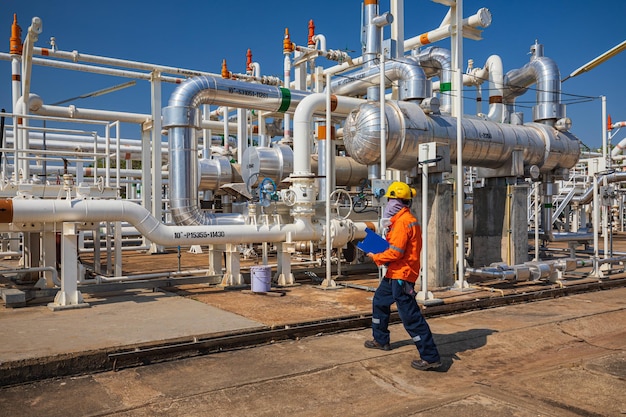 Male worker inspection at the exchanger of tank oil refinery pipeline plant steam vessel and column tank oil of Petrochemistry