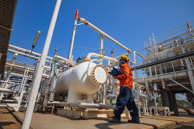 石油化学のタンク石油精製パイプラインプラントの蒸気容器と塔タンク油の交換器で男性作業員が検査