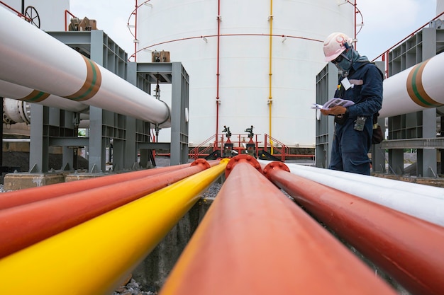 Male worker inspection at flange pipe of visual check record pipeline oil and gas industry