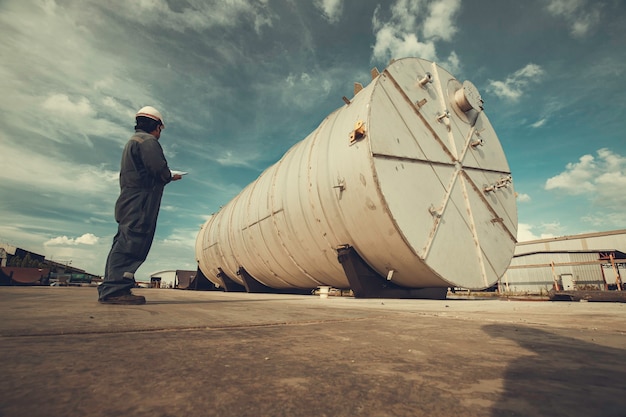 Male worker inspection process tank manufacturing the with horizontal stainless steel tanks at factory with blue sky