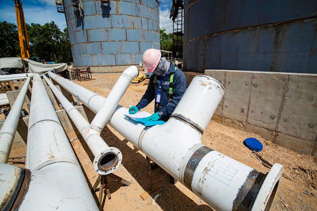 Male worker inspection at steel long pipes and pipe elbow new\
construction oil tank of visual check record pipeline oil and\
gas